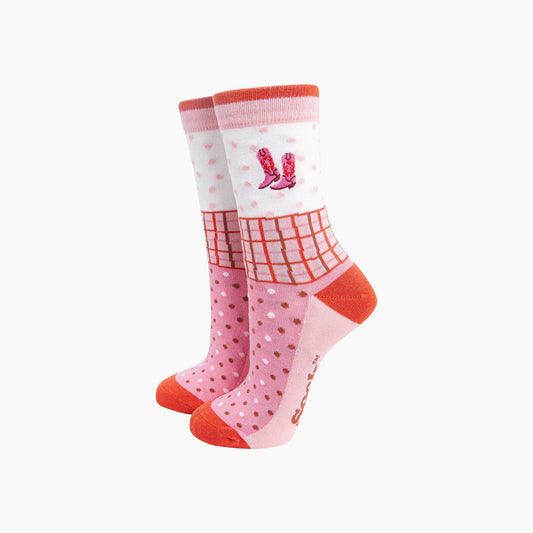 Sock Talk Embroidered Cowboy Boots Combed Cotton Socks in Pink