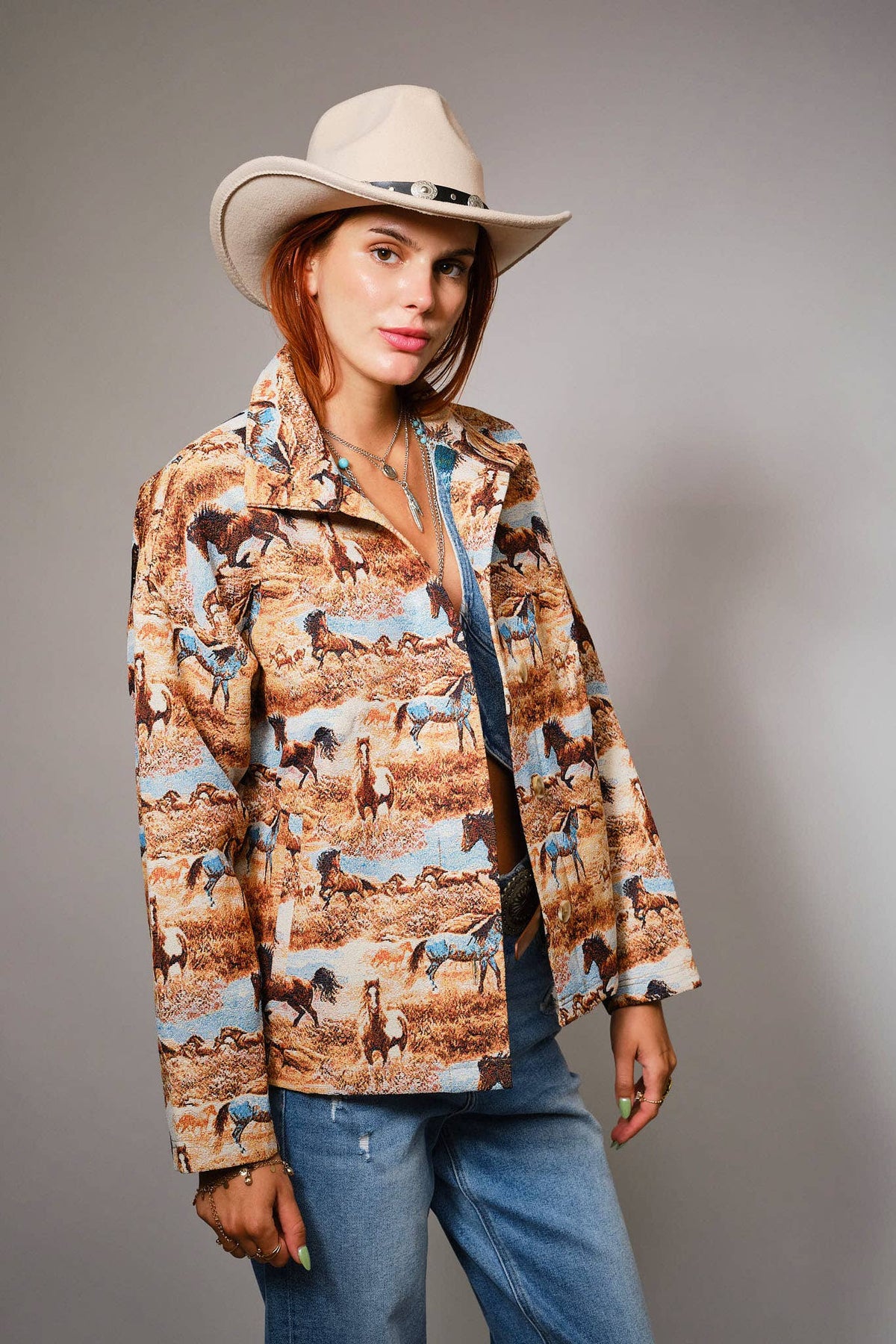 Blue B 33144J Western Pattern Button Front Jacquard Jacket