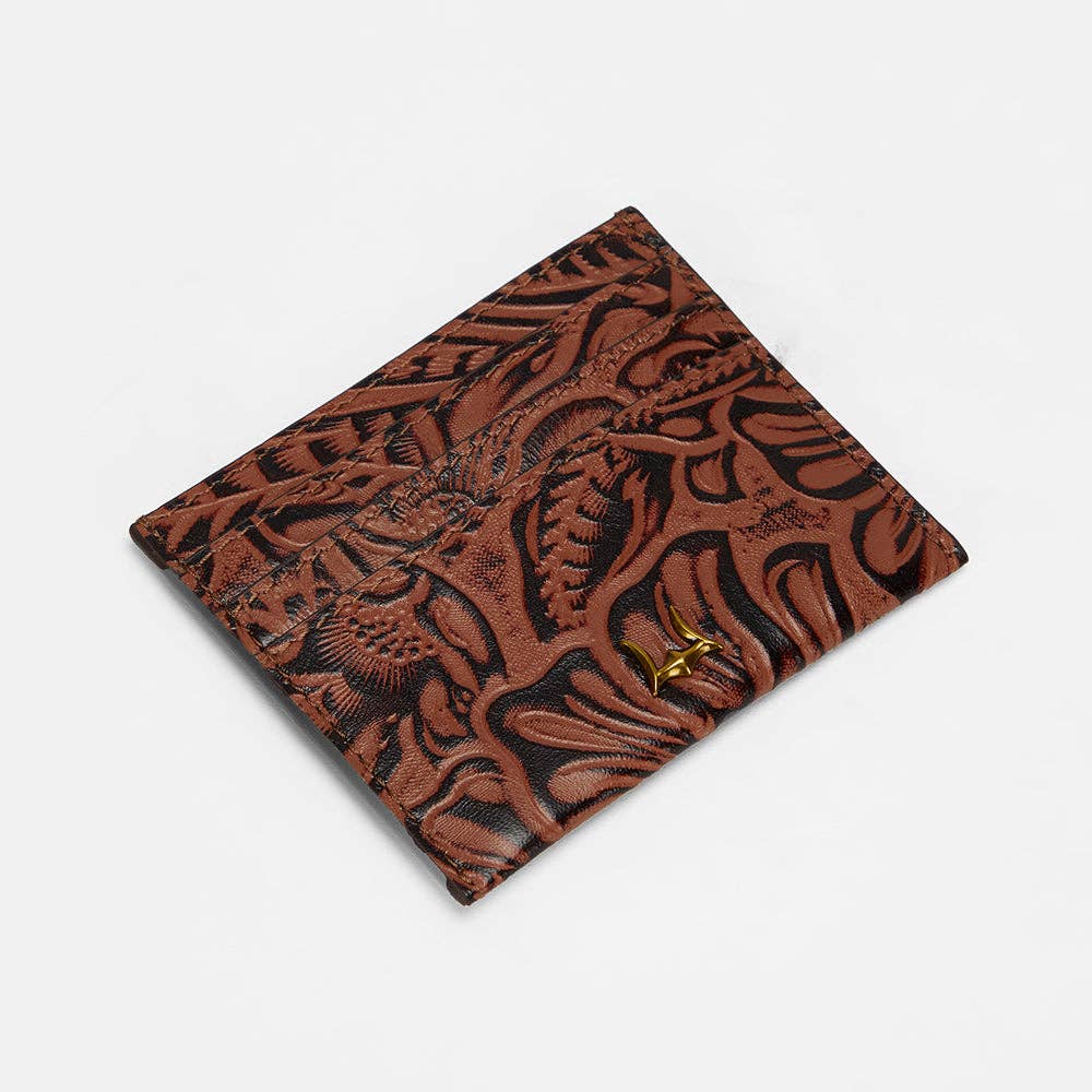 Myra Loyal West Shell Card Holder  In Hand Finished Embossed Leather Brown: Single