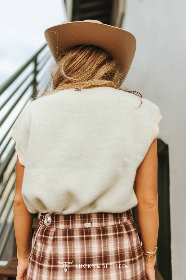 Lucky & Blessed V2120 Cream Western Horse Shoe Printed Contrast Knit Sweater Vest