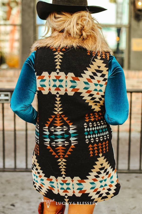 Lucky & Blessed JO045 Black Aztec W Fur Collar Vest