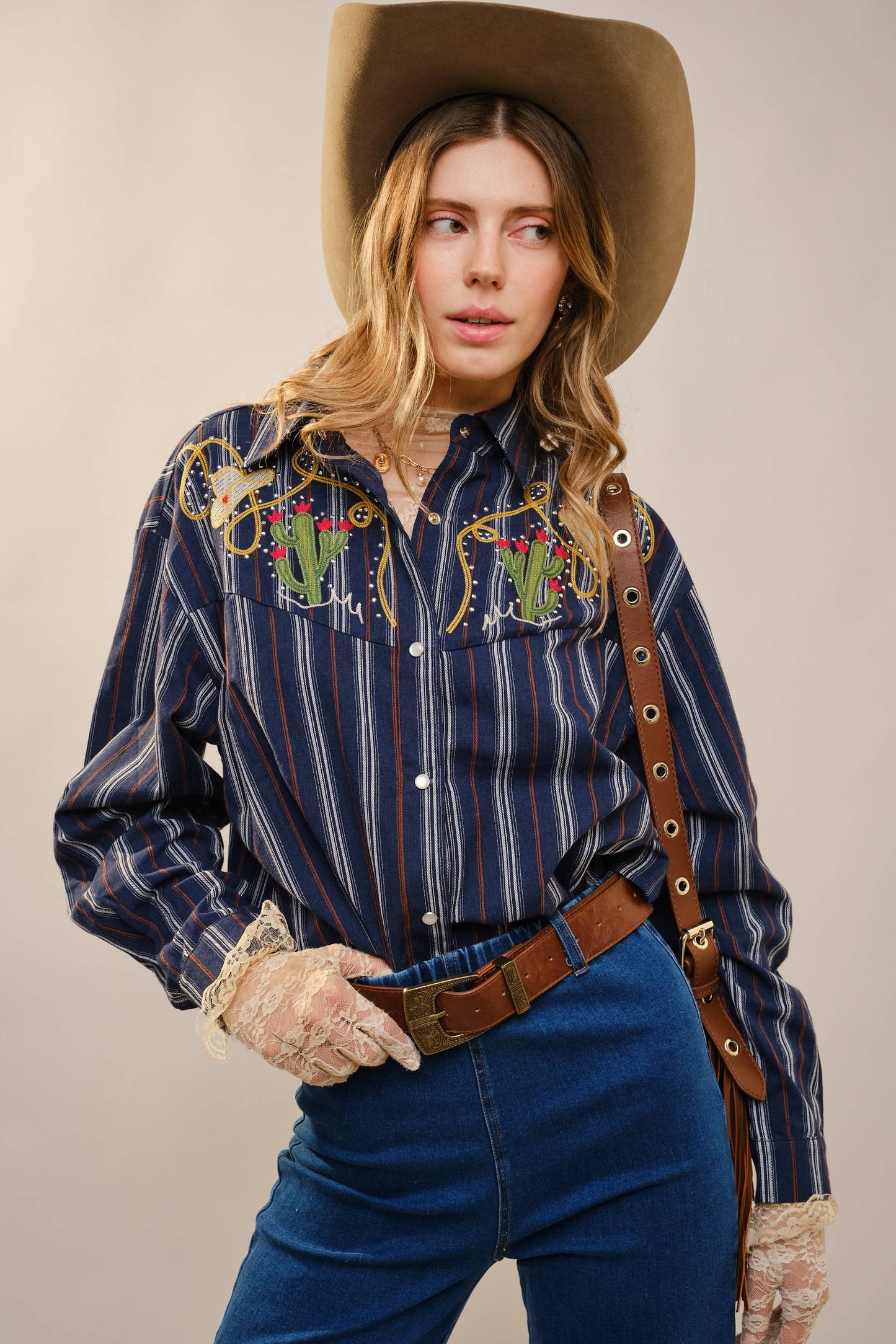 Blue B 36989T Embroidered Western Yoke Striped Shirt in Navy