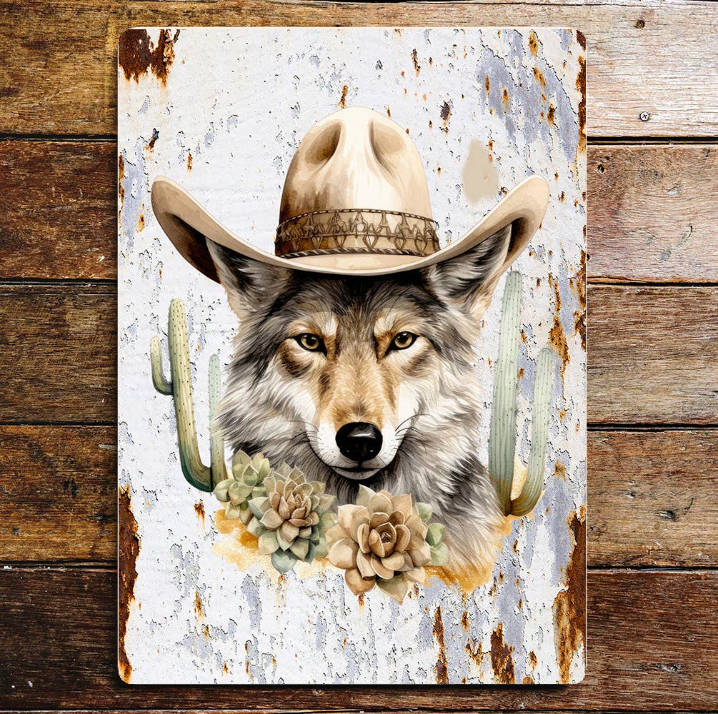 Cowboy Wolf  Wildlife Nature Lifestyle Metal Sign Plaque: 8x10inch