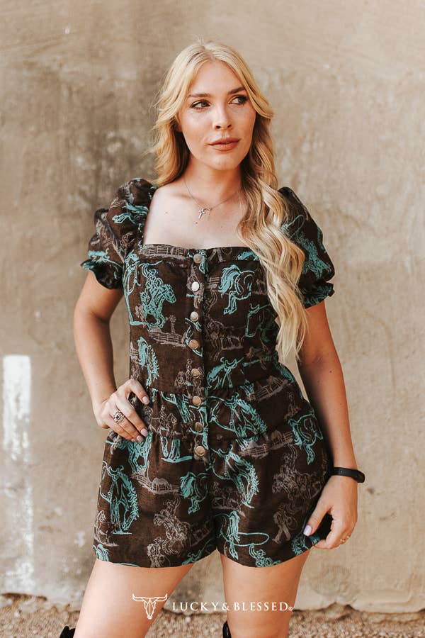 Lucky & Blessed JP-106 Brown Horse Jacquard Puff Sleeve Western Romper