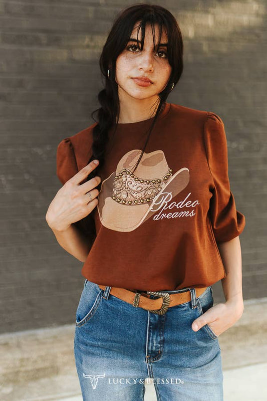 Lucky & Blessed TO1527 BRHA Brown Studded Cowboy Hat Printed Puff Sleeve Top