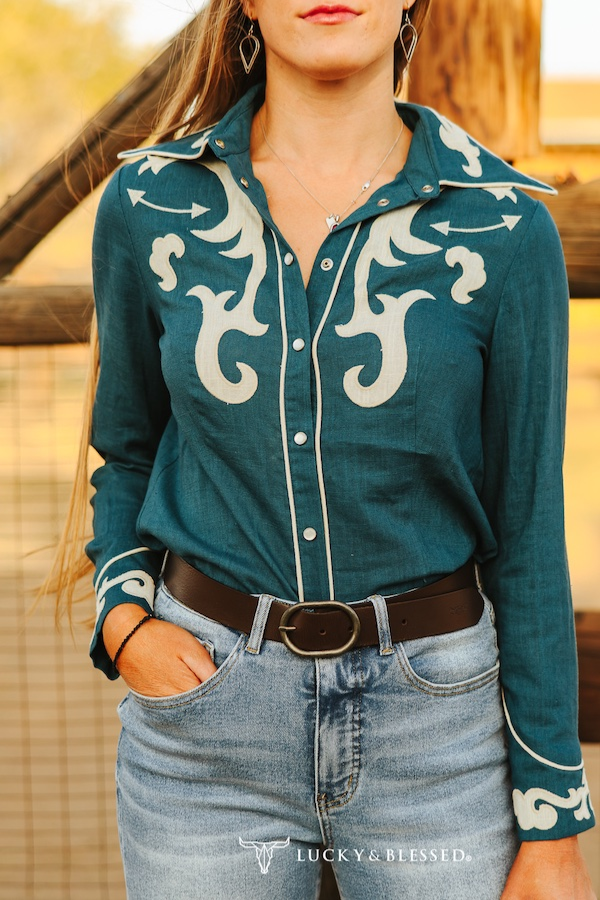 Teal Ivory Patch Boot Stitch Contrast Piping Shirt TO938-TL
