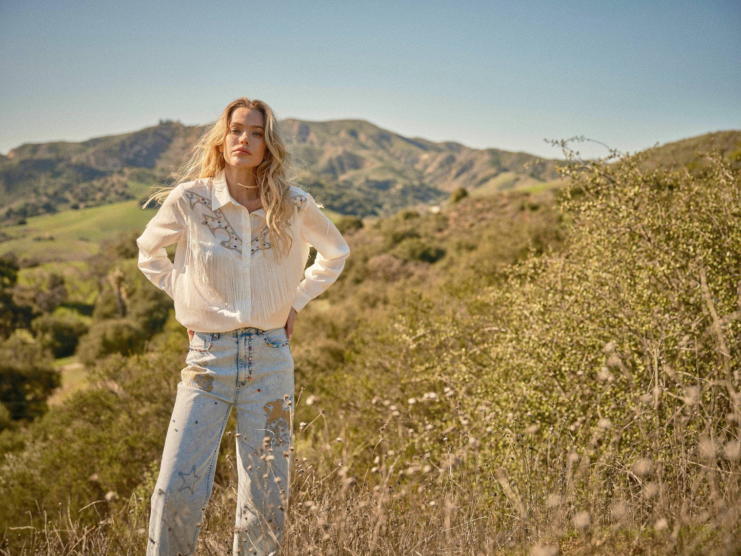 37025T - Satin Yoke Fringe Embroidered Shirt in off white