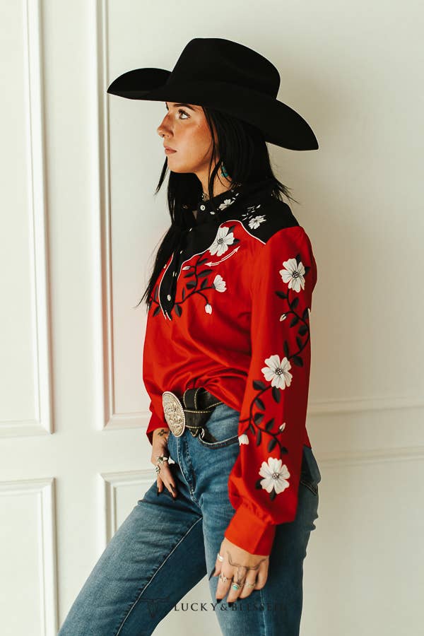 【セール】 Lucky & Blessed TO561 Red Floral Western Yoke Pearl Snap トップス