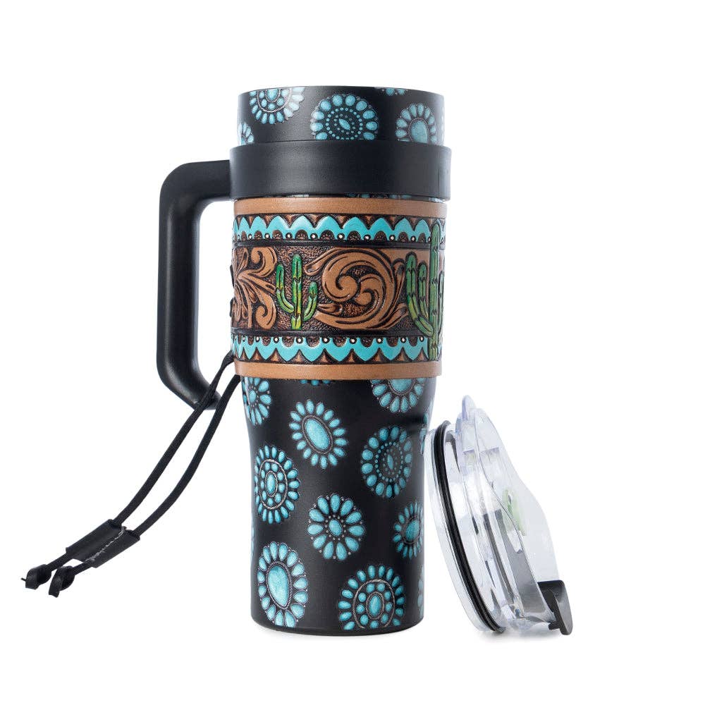 Myra S-14767 Concho Crest Western Tooled Tumbler in Black Stainless Steel with Leather Wrap and Handle: WITH TOOLING