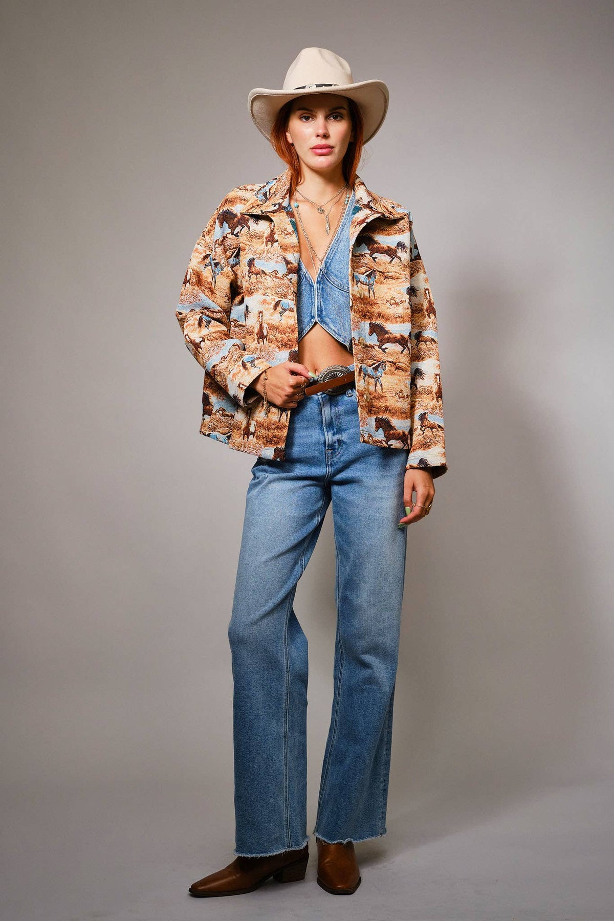 Blue B 33144J Western Pattern Button Front Jacquard Jacket
