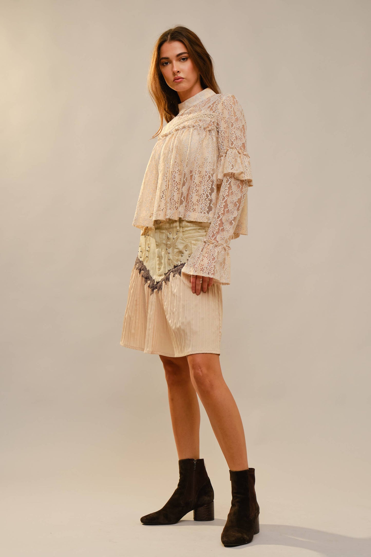 99713T - Long Sleeve High Neck Lace Top in Beige