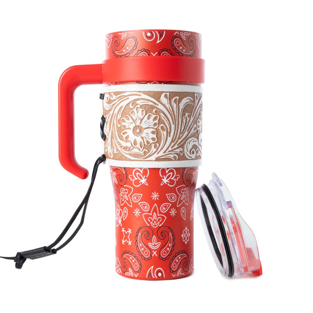 Myra Bandana Tooled Western Tumbler in Red Stainless Steel with Handtooled Leather and Handle for Use: WITH TOOLING