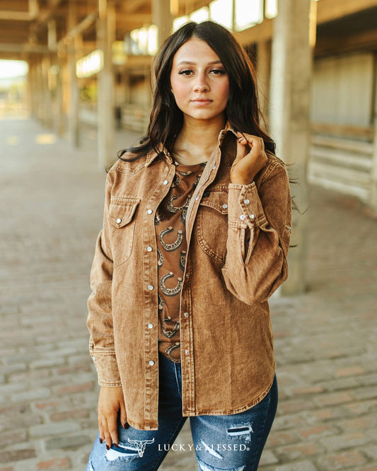 Lucky & Blessed Plus Size Camel Mineral Wash Denim Pearl Snap Shirt TO643