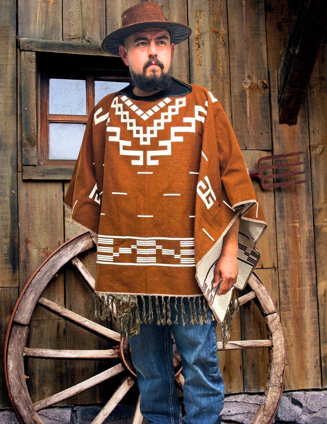 Western Style Cotton Poncho, Brown Design2: 1