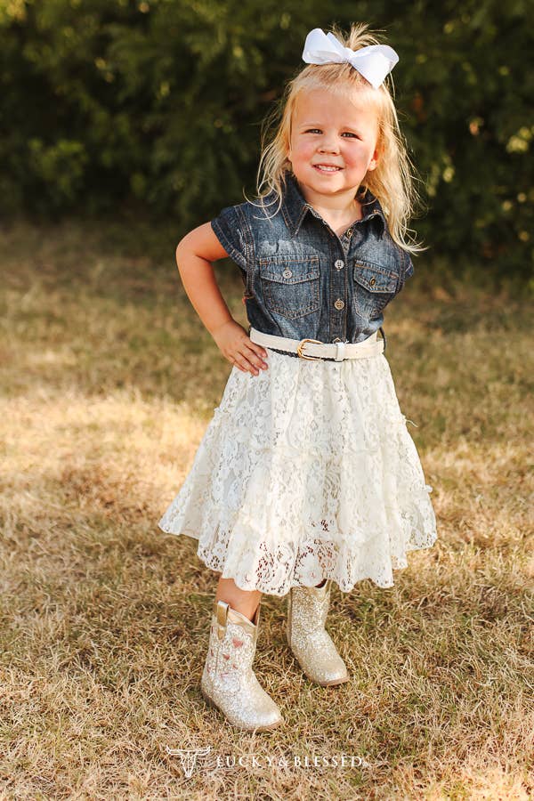 Lucky & Blessed DR715-G-DMLC Girls Denim & Lace Tiered Dress