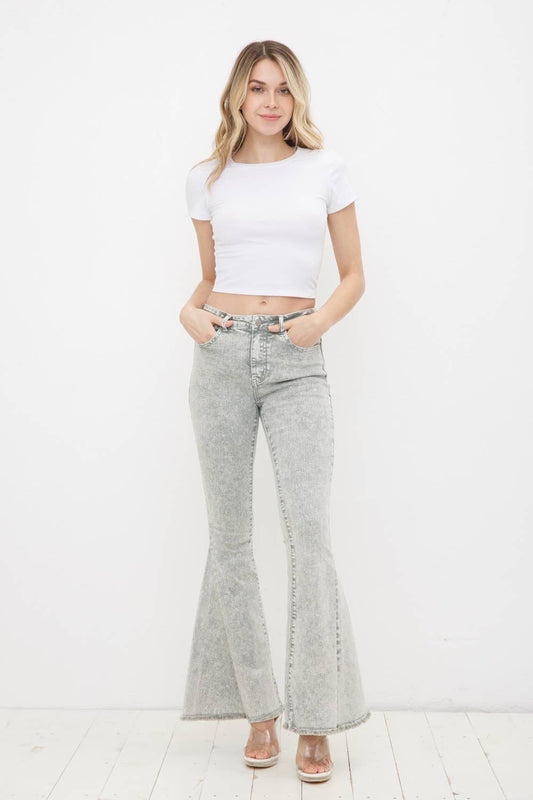 17347P - Garment Washed Vintage Distressed Bell Sleeve Denim: LIGHT OLIVE
