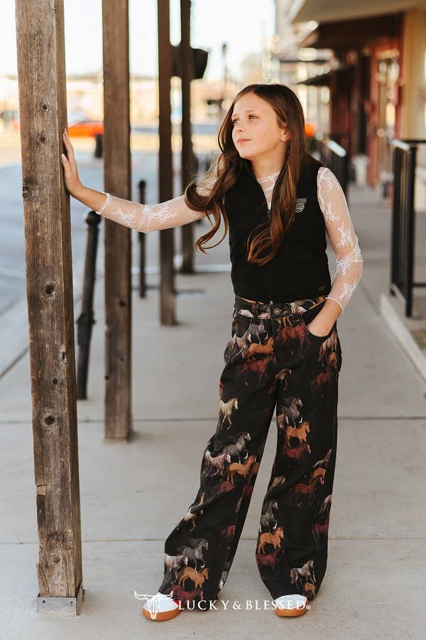 Lucky & Blessed JE564-G-HRS Girls Running Horse High Rise Stretch Denim Wide Leg Jeans