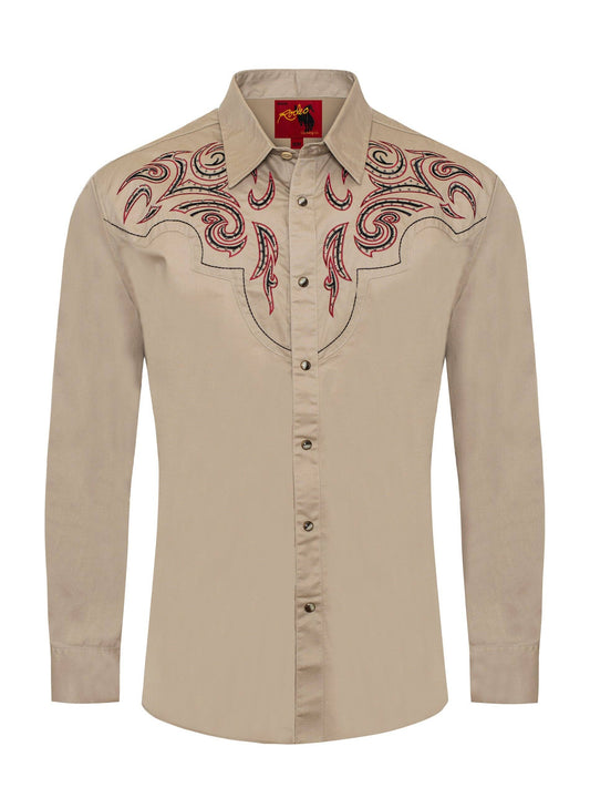 Rodeo Clothing PS500D-1014 Western Cowboy Shirt in Beige with Red & Black