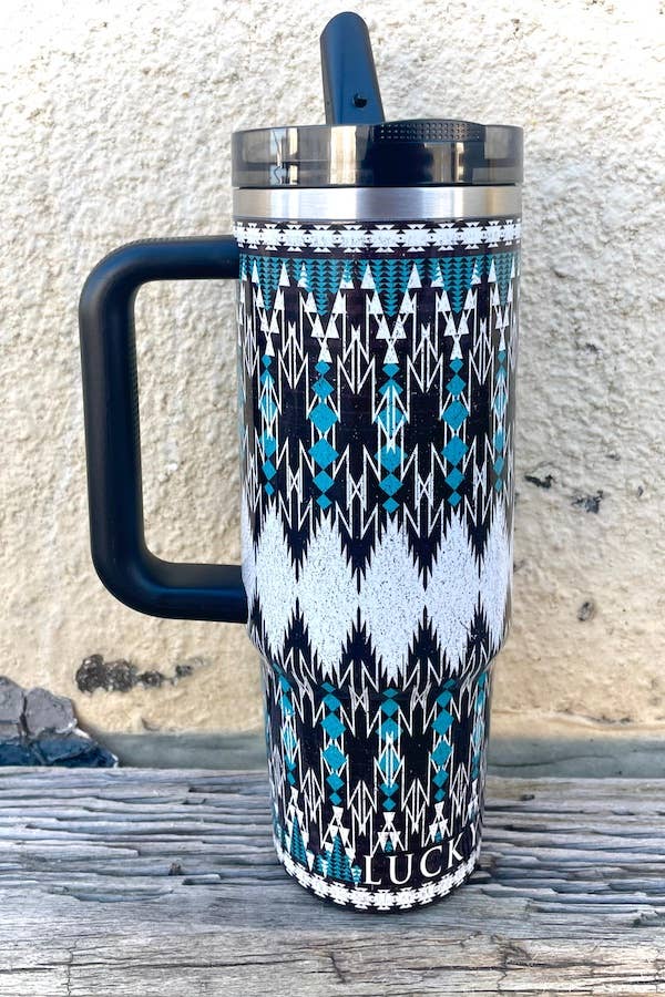 Teal Black Ivory Printed Flip Straw Tumbler TPH61