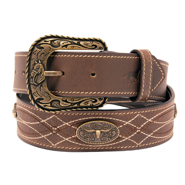 Western Express XM4000-BR02G in Brown Stitched Concho Top Grain Leather Belt