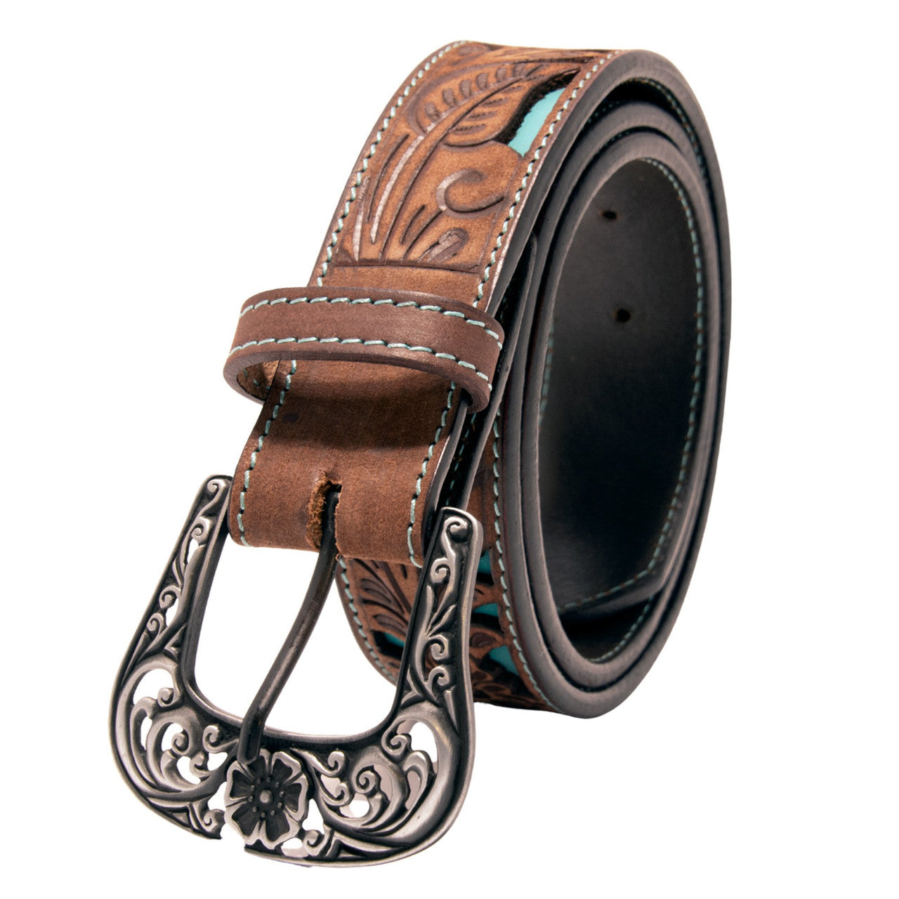 Western Express XM4400-BR08S  in Brown Floral Tooled Cutout Top Grain Leather Belt