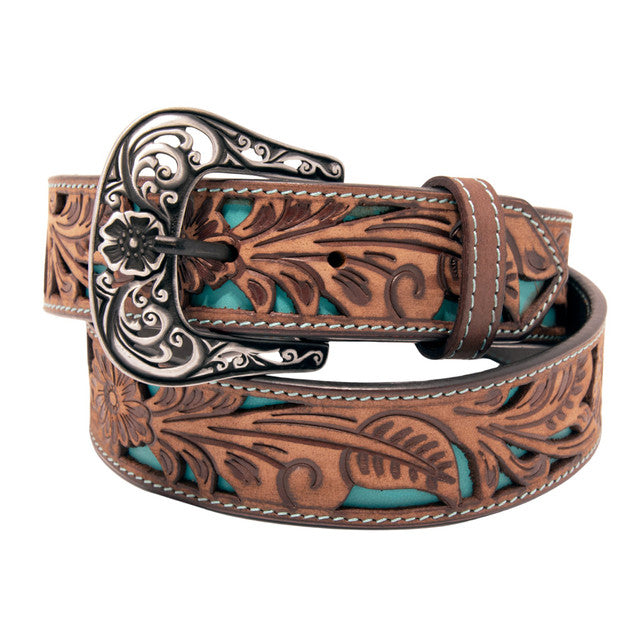 Western Express XM4400-BR08S  in Brown Floral Tooled Cutout Top Grain Leather Belt