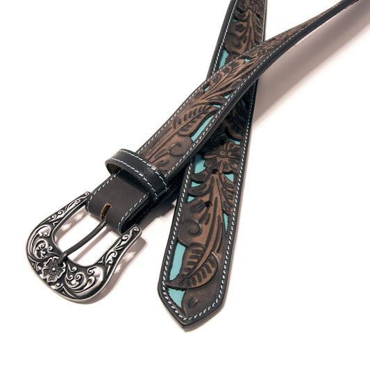 Western Express XM4400-BK08S  in Black/Brown Floral Tooled Cutout Top Grain Leather Belt