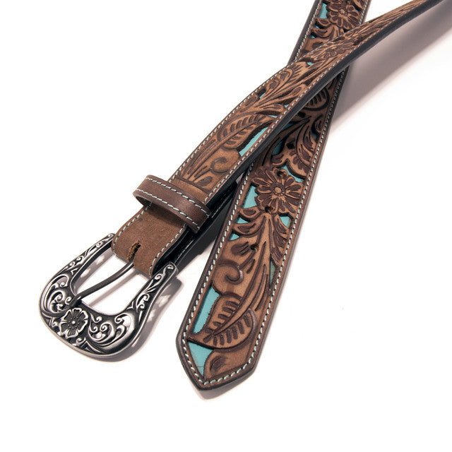 Western Express XM4400-BR08S  in Brown Floral Tooled Cutout Top Grain Leather Belt
