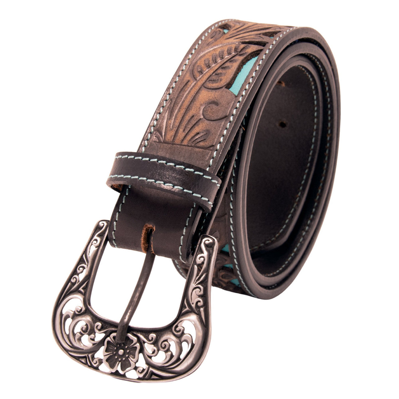 Western Express XM4400-BK08S  in Black/Brown Floral Tooled Cutout Top Grain Leather Belt