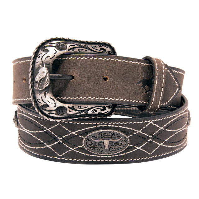 Western Express XM4000-BK02S in Black/Brown Stitched Concho Top Grain Leather Belt