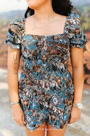 Lucky & Blessed JP-106 Brown Horse Jacquard Puff Sleeve Western Romper