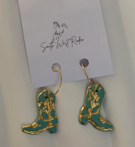 South West Rodeo Azalia Gold Plated Hoops Ocean Blue Cowboy Boot Handmade Earrings