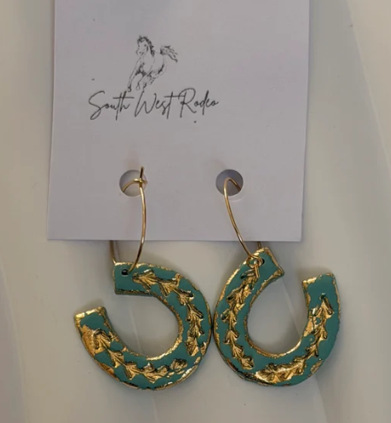 South West Rodeo Clementine Gold Plated Hoops Ocean Blue Horseshoe Handmade Earrings