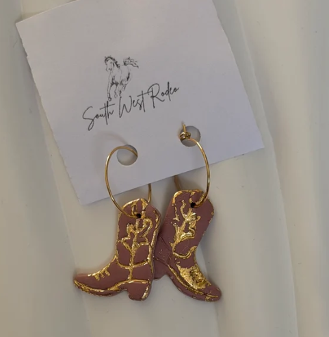 South West Rodeo Azalia Gold Plated Hoops Pink Cowboy Boot Handmade Earrings