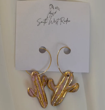 South West Rodeo Beatrice Gold Plated Hoops Pink Cactus Handmade Earrings