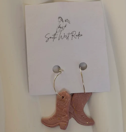 South West Rodeo Azalia Silver Plated Hoops Pink Cowboy Boot Handmade Earrings