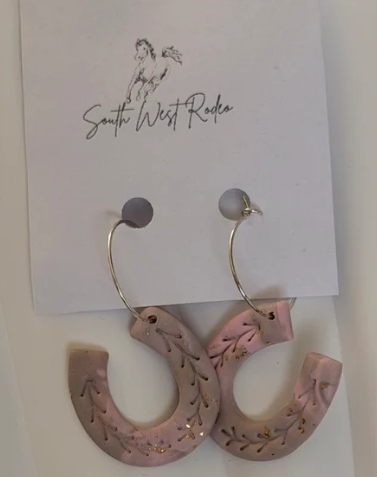 South West Rodeo Clementine Silver Plated Hoops Marbled Pink Horseshoe Handmade Earrings
