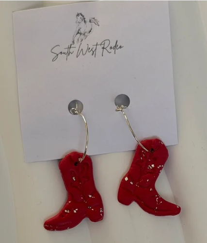 South West Rodeo Azalia Silver Plated Hoops Red Cowboy Boot Handmade Earrings