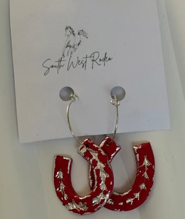 South West Rodeo Clementine Silver Plated Hoops Red Horseshoe Handmade Earrings