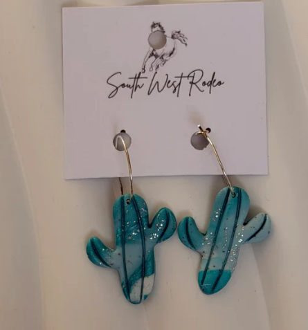 South West Rodeo Beatrice Silver Plated Hoops Teal, White & Silver Fleck Cactus Handmade Earrings