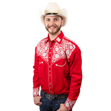 Load image into Gallery viewer, Western Express 200 Red Retro Shirt with Silver Roses &amp; Floral Design
