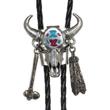 Load image into Gallery viewer, BT-261 Medicine Bull with Feather Inlay Bolo Tie Made in the USA
