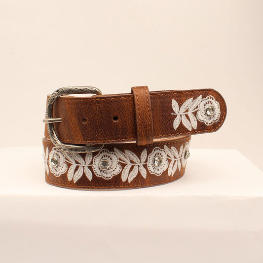 M&F DA6232 BROWN BELT WITH WHITE FLORAL EMBROIDERY