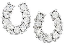 Load image into Gallery viewer, Western Express HE-500 Clear Rhinestone Horseshoe Earrings in a Horsehead Shaped Gift Box
