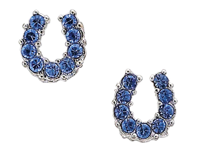 Western Express HE-898 Blue Rhinestone Horseshoe Earrings - Horse Head Gift Box