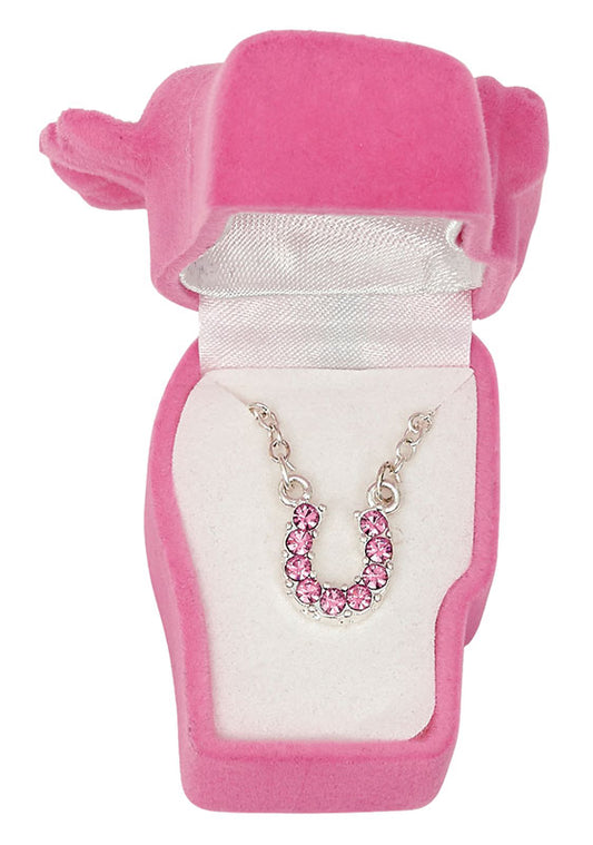 Western Express HN-2 Pink Rhinestone Horseshoe Necklace in a Horsehead Shaped Box