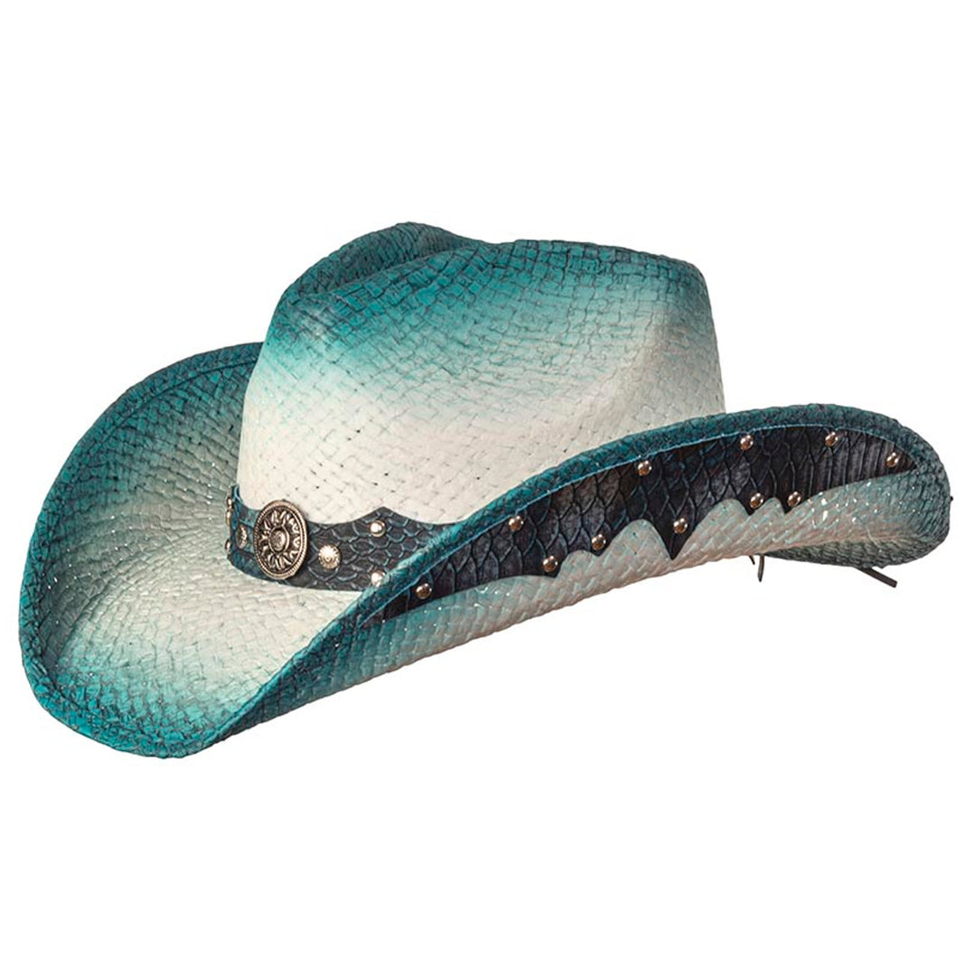 WE LIN-104 Straw Western Pinch Front Hat with Blue Trim, Sunburst Concho Hat Band, & Leather Sides