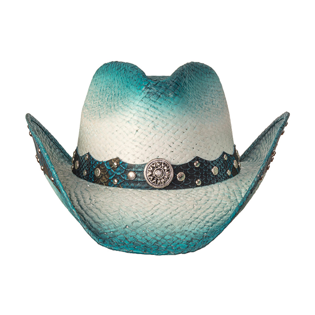 WE LIN-104 Straw Western Pinch Front Hat with Blue Trim, Sunburst Concho Hat Band, & Leather Sides