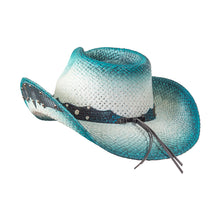 Load image into Gallery viewer, WE LIN-104 Straw Western Pinch Front Hat with Blue Trim, Sunburst Concho Hat Band, &amp; Leather Sides
