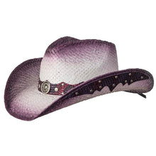 Load image into Gallery viewer, WE LIN-106 Straw Western Pinch Front Hat with Purple Trim, Sunburst Concho Hat Band, &amp; Leather Sides
